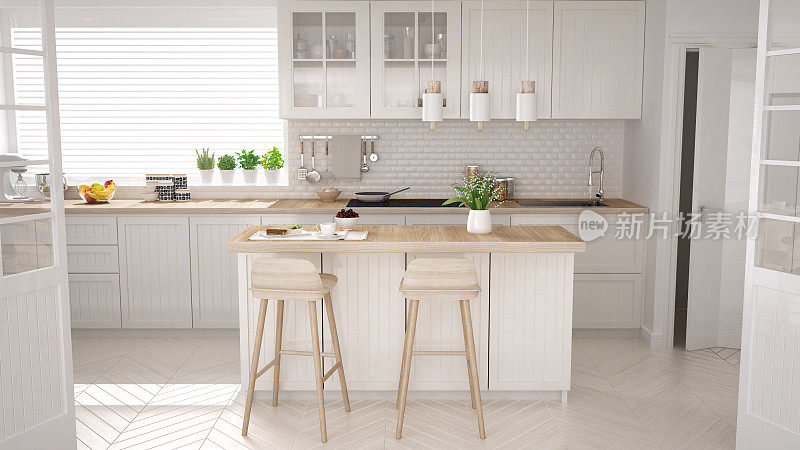 斯堪的纳维亚经典厨房，木制和白色的细节，简约的室内设计