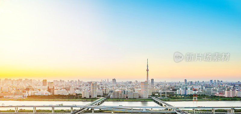 全景现代城市天际线鸟瞰图与东京天空树在戏剧性的晚霞和美丽的多云天空在东京，日本