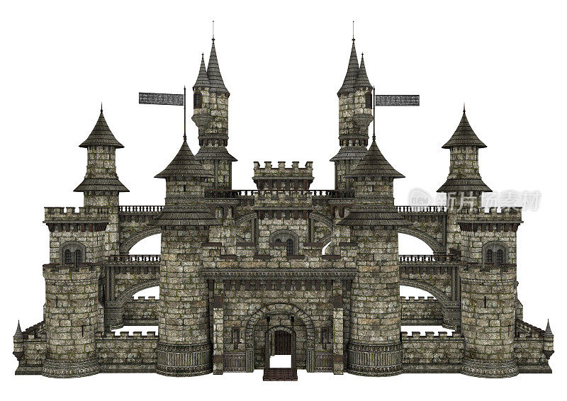 3D渲染童话城堡在白色