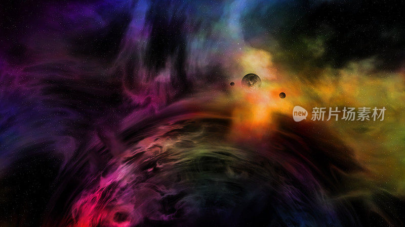 黑洞与引力透镜效应彩色的附近星云，行星和卫星