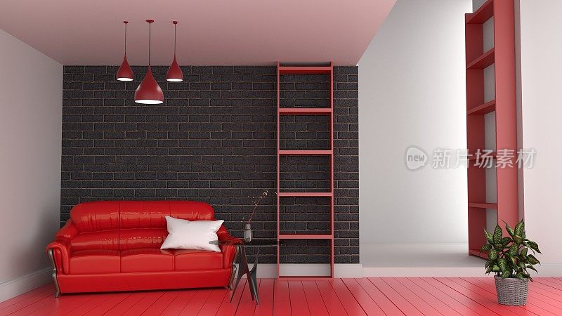 客厅里的红色沙发，白墙背景。三维渲染