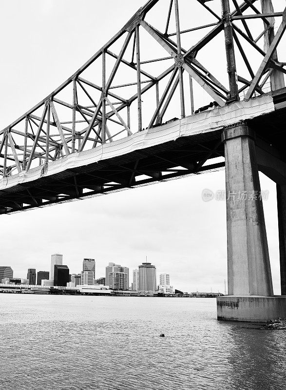 新奥尔良的地平线和密西西比河上的大桥。
