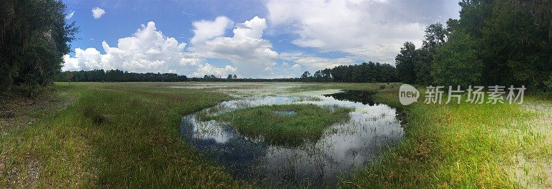 水塘旁边的低洼地区被洪水淹没的全景，远处的夏季云正在形成