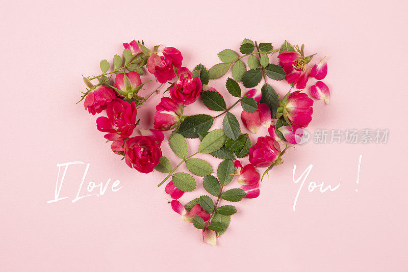 装饰花心的玫瑰和叶子在粉红色的背景上写着“我爱你”