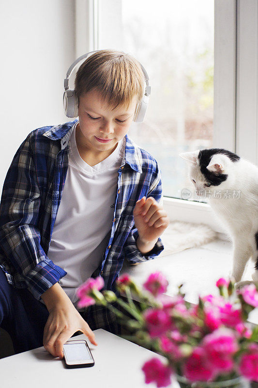 小男孩和猫坐在窗边