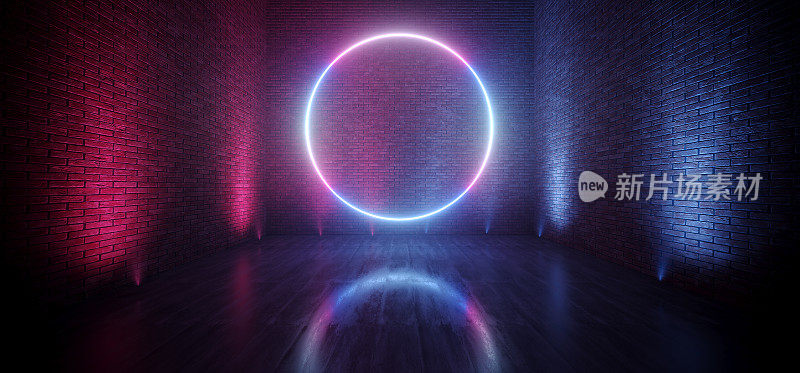 霓虹发光的紫色蓝色仓库地下车库隧道走廊圆形灯工作室俱乐部舞蹈混凝土砖墙空3D渲染