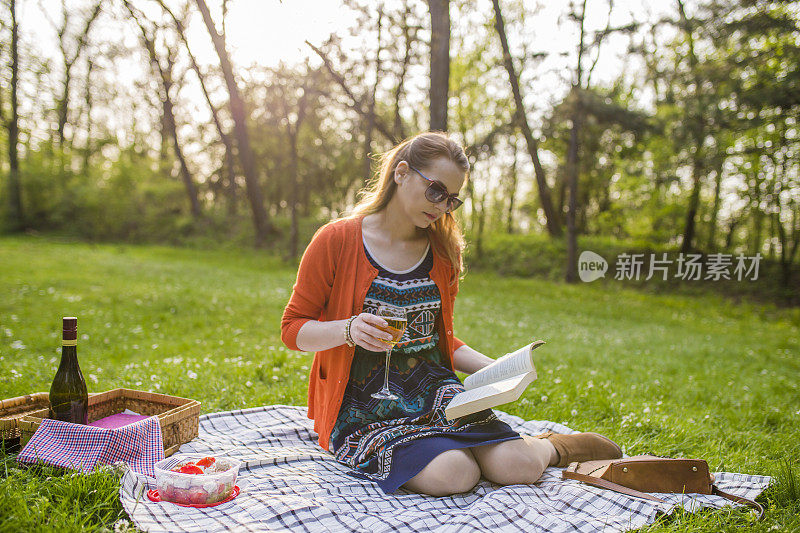 一个女人在野餐，读一本自然的书