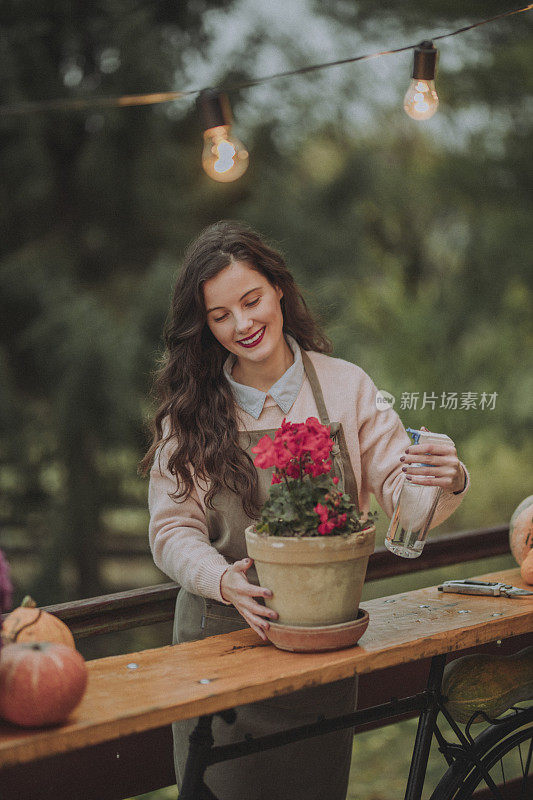 年轻女子用喷雾器种花和浇水。照顾天竺葵的女人