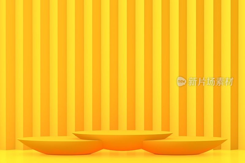 黄色领奖台和最小抽象背景，三维渲染几何形状，舞台上的奖项在现代网站。空产品站