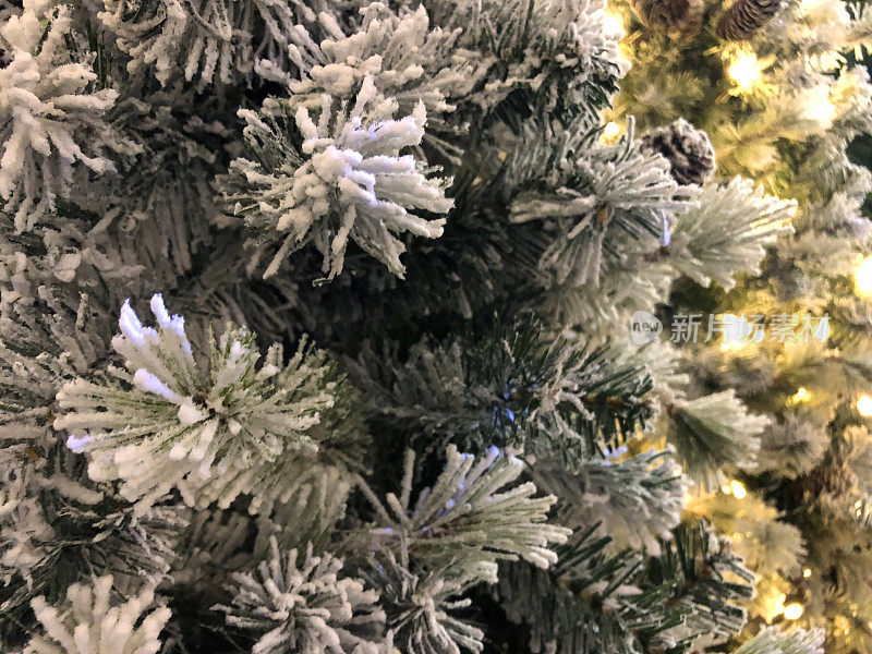 近距离拍摄的人造云杉圣诞树，上面有喷着假雪的塑料针