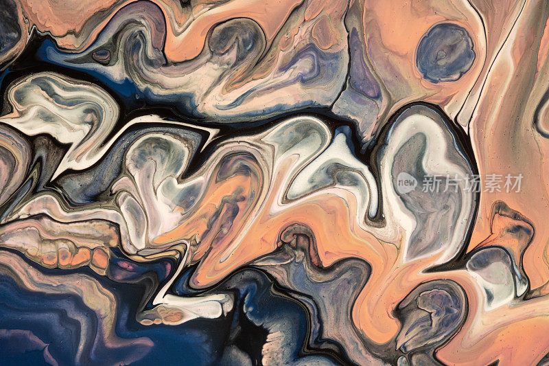抽象流体艺术背景蓝色和珊瑚色。液态丙烯画