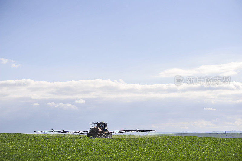 拖拉机在小麦种植园喷洒农药