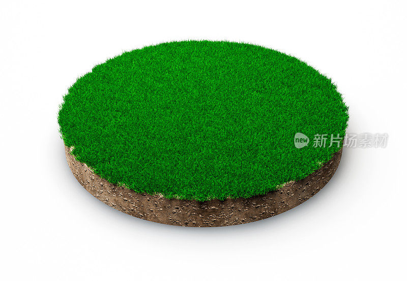 草圈孤立的三维插图圆形土壤地面横截面与土地和绿色的草