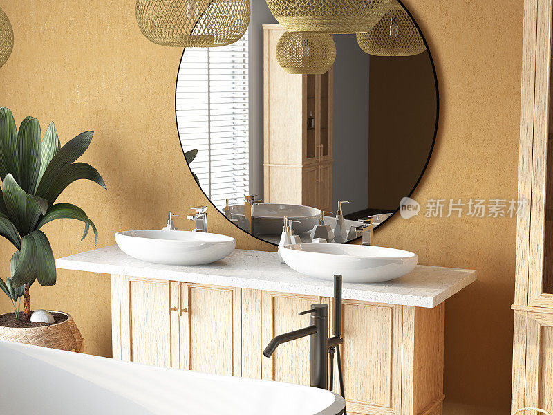 舒适的米色浴室，带水槽和木制家具