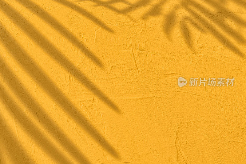 树叶的影子在黄色混凝土墙纹理背景