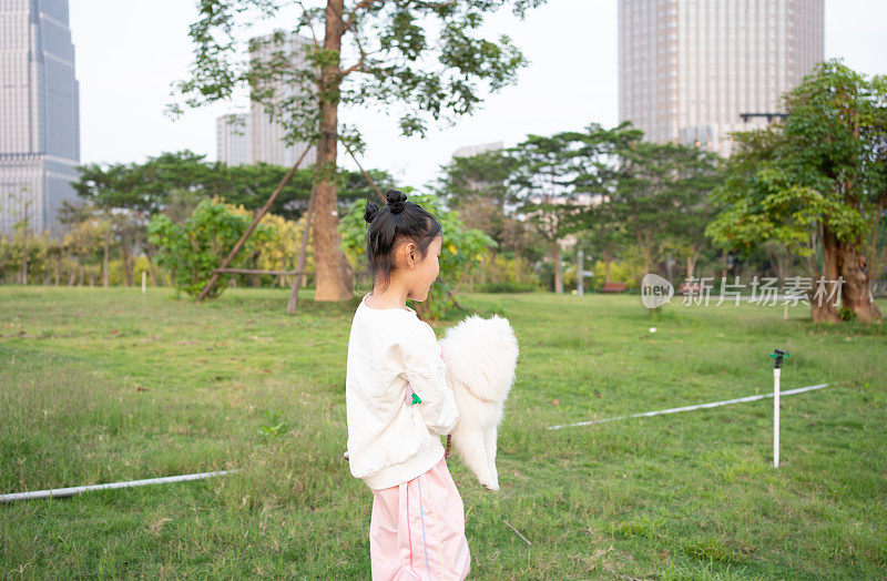 亚洲小女孩和波美拉尼亚狗在草地上散步