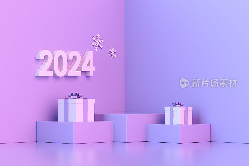 2024新年，圣诞装饰物与讲台，平台，霓虹灯背景