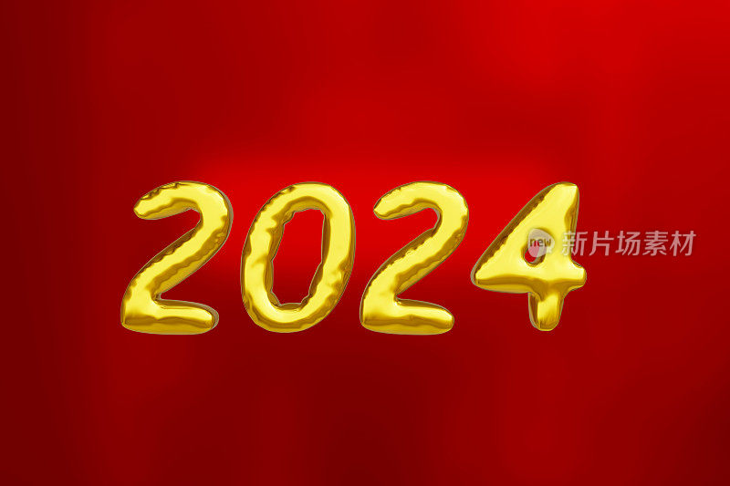 2024年新年。新年快乐2024红色背景金色气球