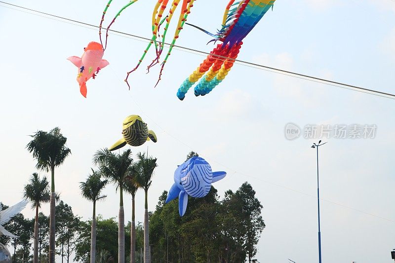 五颜六色的气球鱼风筝在蓝色的天空在越南阳光明媚的夏日。