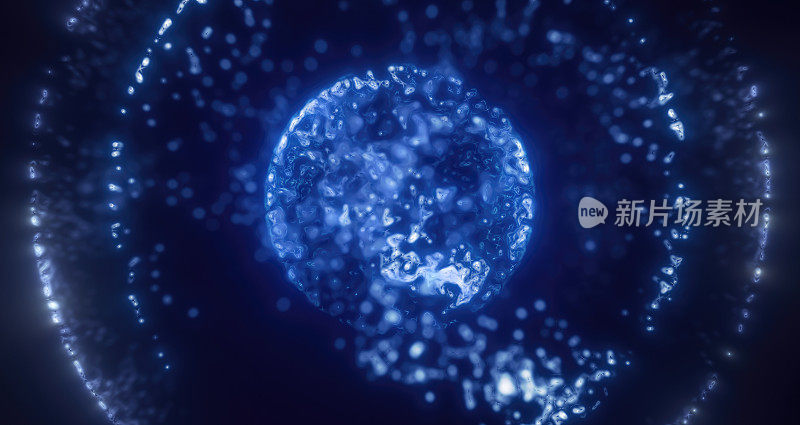 蓝色能量魔法圈，球体，球由未来的波和线粒子原子能和电力力场。抽象的背景