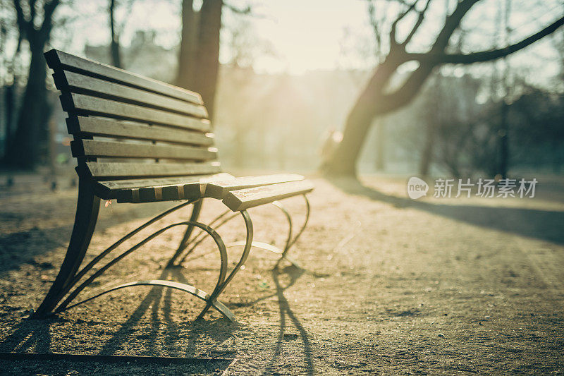 早上好，在克拉科夫公园的长椅上
