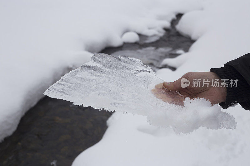 人们的手握着冰盖，小溪表面覆盖着积雪