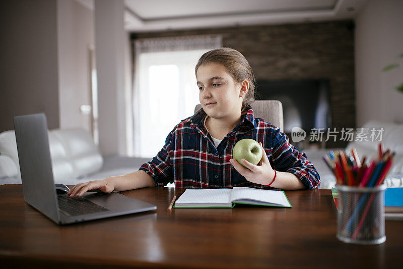 年轻女孩坐在卧室书桌前用笔记本电脑做作业