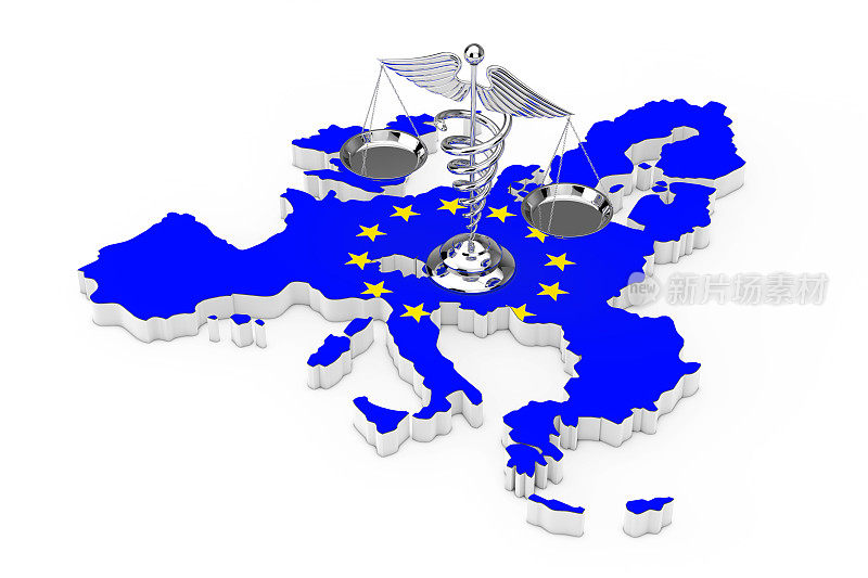 医学克迪修斯符号作为比例尺在欧盟地图与欧盟旗帜。三维渲染