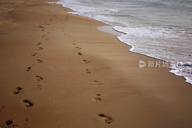 两组脚印并排在潮湿的海滩上