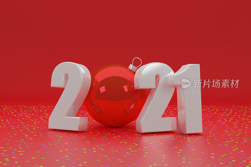 2021年新年快乐，红色背景上有圣诞球的2021数字