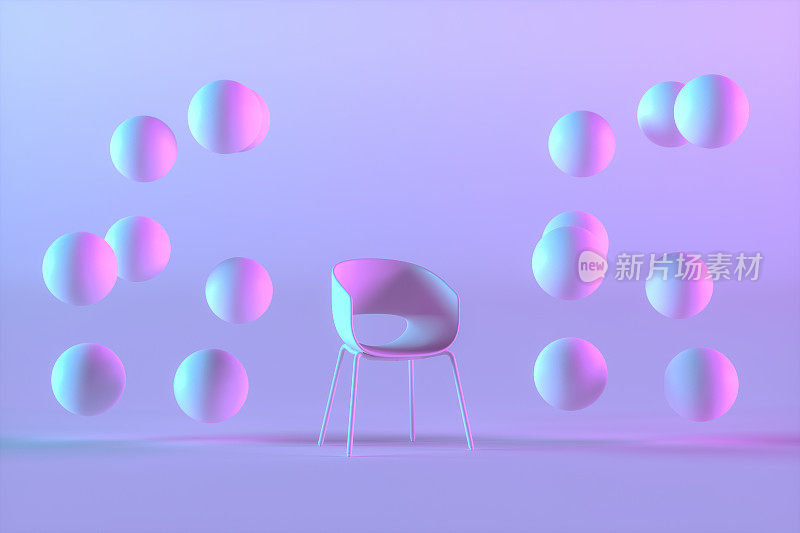 椅子和球体在空的未来主义的房间。头脑风暴概念，颜色渐变背景。