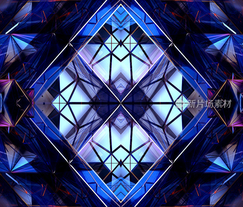 基于三角形金字塔形状的蓝色渐变图案，部分超现实异形分形网络钻石水晶祖祖绿立方体，三维渲染抽象艺术三维背景