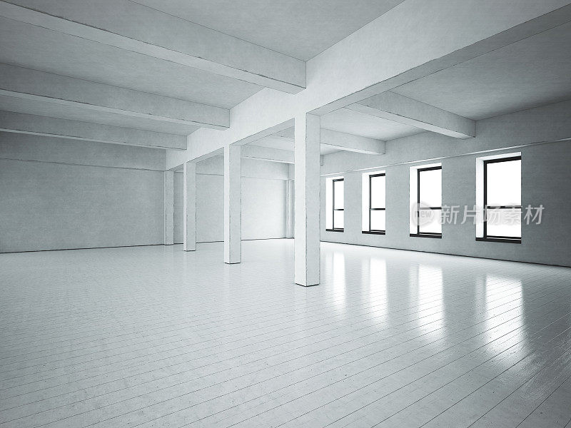 阁楼空间。灰色的混凝土墙。木地板。