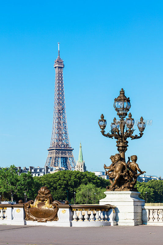 亚历山大三世桥(灯柱细节)和埃菲尔铁塔，巴黎