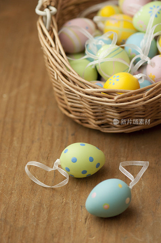 复活节彩蛋和篮子放在木桌上