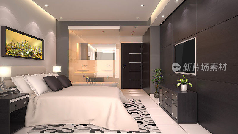 带床的酒店房间内部的3D渲染