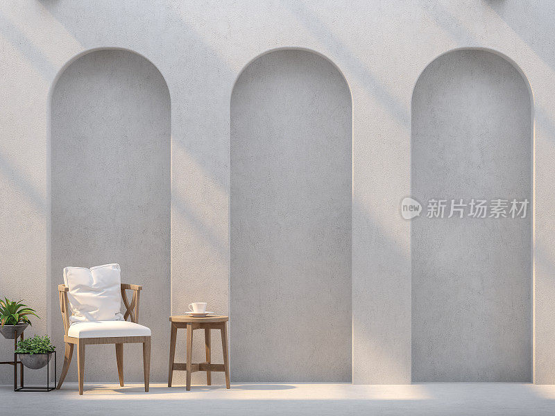现代的客厅和空的墙壁与拱形面板和阳光透过3d渲染图像