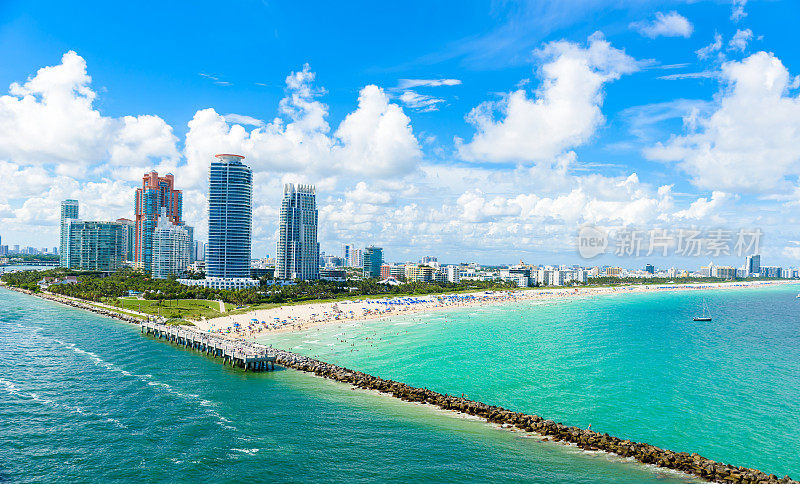 南海滩，迈阿密海滩。美国佛罗里达热带天堂海岸。鸟瞰图。