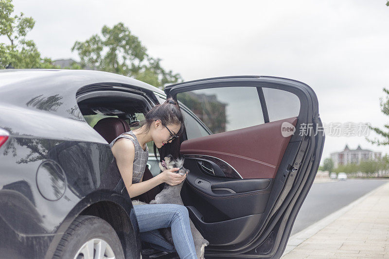 漂亮女人坐在车里和她的小狗玩