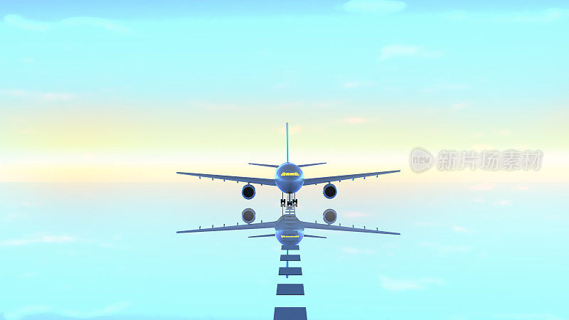 一架客机正站在跑道上，等待一个航班，一个日落或日出的航班。商务旅行的概念。三维渲染