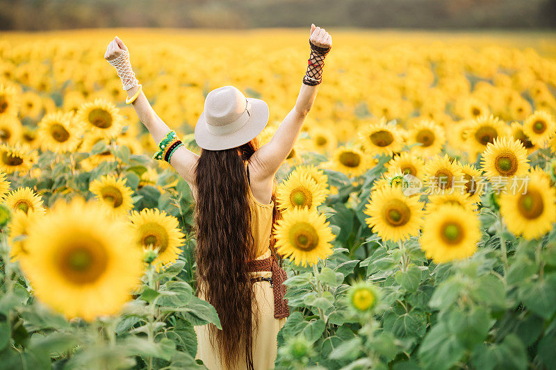 美丽的女人在向日葵地里享受自己