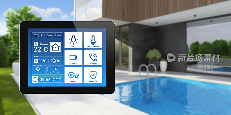 智能家居触摸屏设备的家庭控制与简单的概念应用程序设计。摄氏温度系统。现代住宅的焦点，复制空间和您的设计。