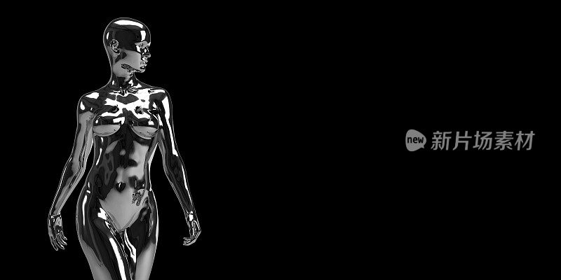 一个非常明亮闪亮的女性电子人铬身体在黑色上