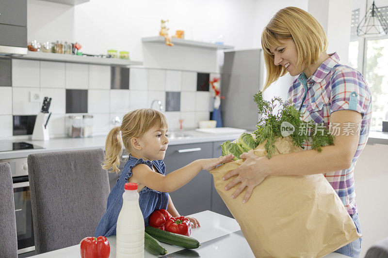 一位妇女把食品杂货带回家，她的女儿帮她打开包装