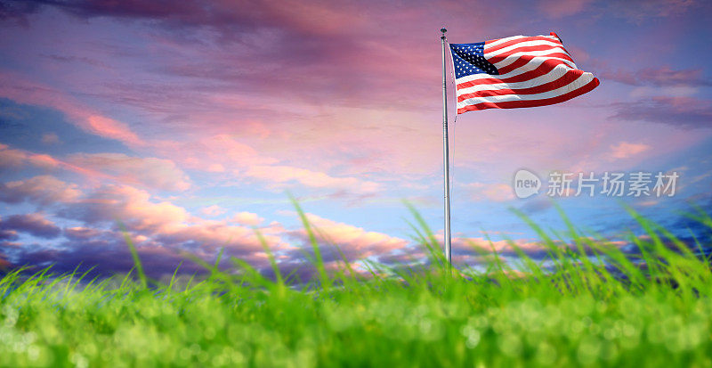 在美丽的绿色景观的旗杆上插着一面美国国旗