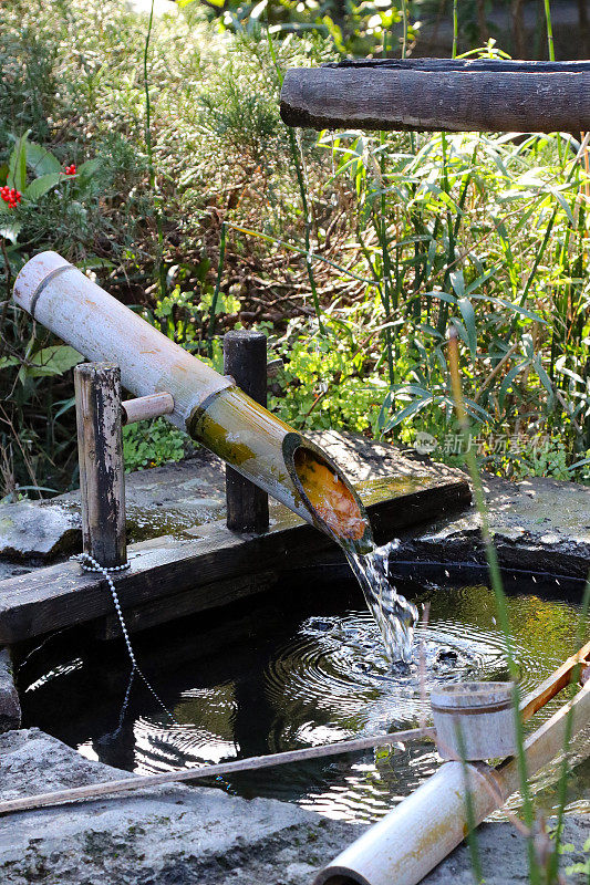 日本传统园林对象。装满水的竹筒，倒空时在石头上发出咔嗒声。
