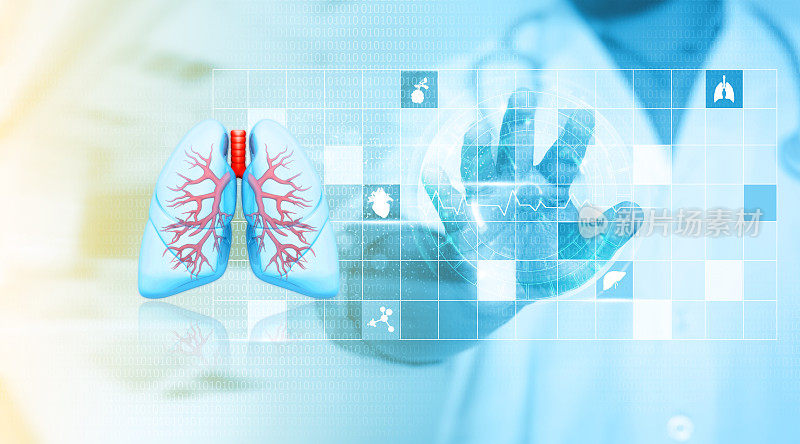 医生持有和诊断虚拟人类肺的科学背景