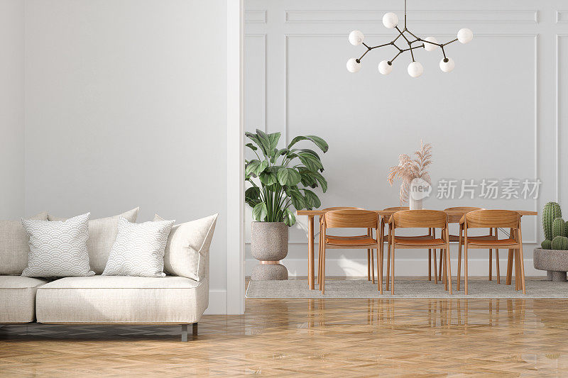 现代客厅室内沙发，餐桌，室内植物和空白墙