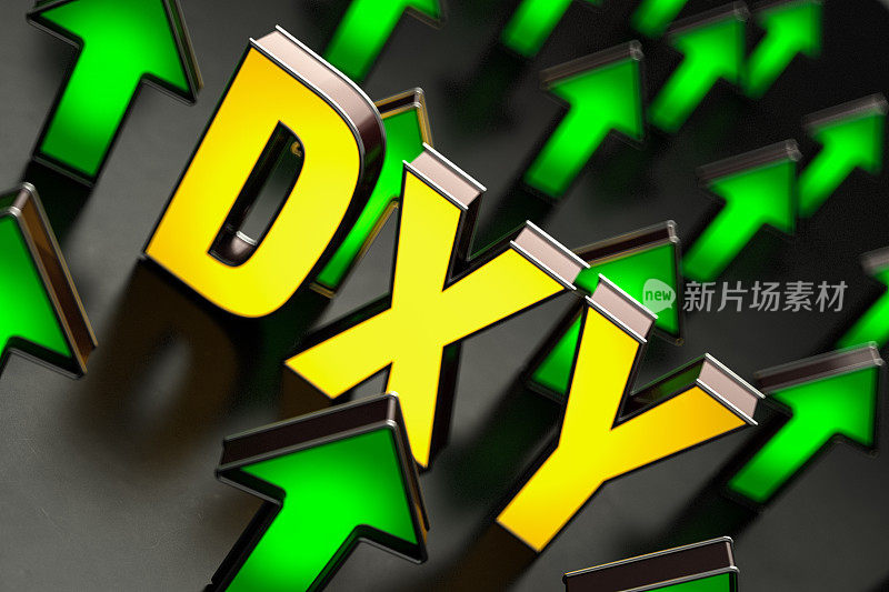 DXY美元货币指数霓虹灯标志，绿色上升趋势箭头
