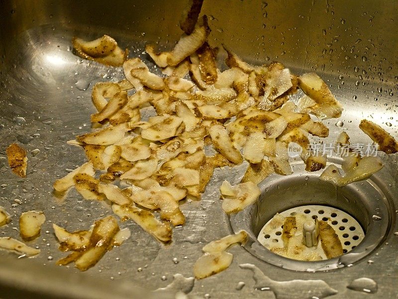 在收集或排入下水道之前，土豆皮放在不锈钢水槽中
